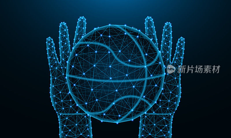 Hands and ball for playing basketball low poly design, sports game in polygonal style, catch or throw the ball wireframe vector illustration made from points and lines on dark blue background